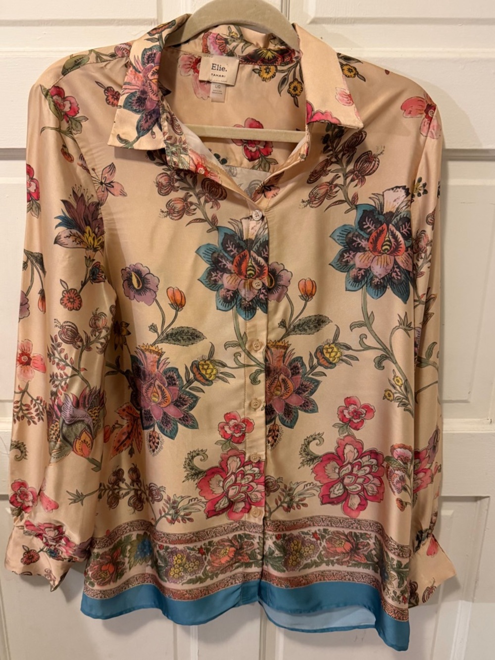Elie Tahari Gold and Rose Tones Floral Button-Down Blouse with Teal Hem Sz L